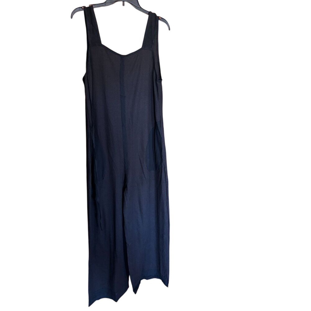 WIHOLLI Black Waffle Knit Wide Leg Romper PKTS Oversized Casual Jumpsuit LRG NWT